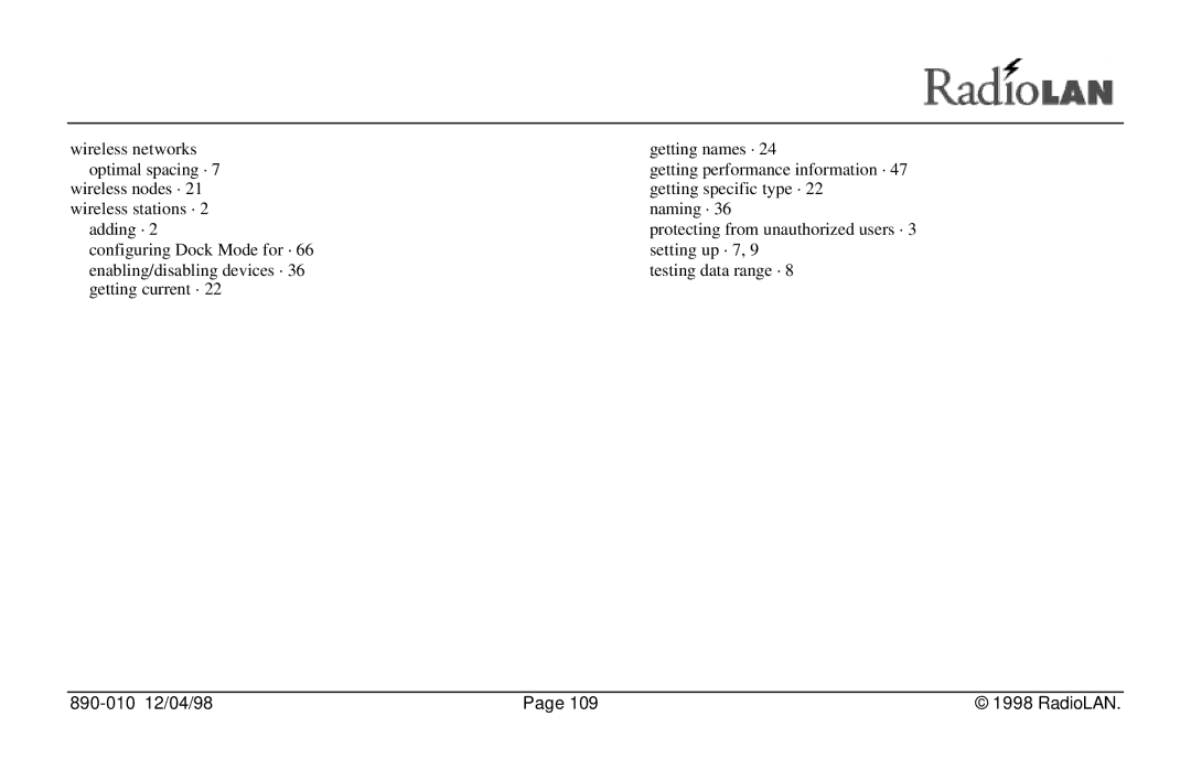 RadioLAN DockLINK manual 890-010 12/04/98 