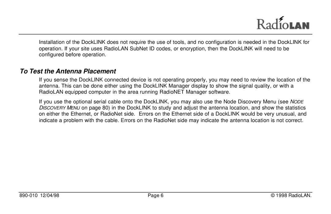 RadioLAN DockLINK manual To Test the Antenna Placement 