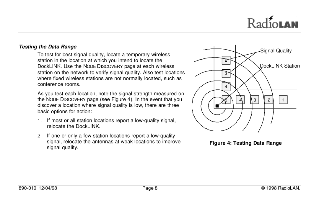 RadioLAN DockLINK manual Testing the Data Range, Testing Data Range 