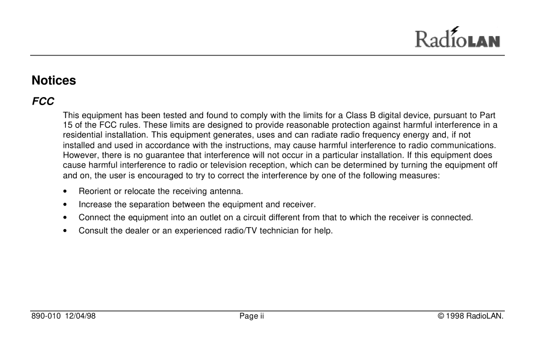 RadioLAN DockLINK manual Fcc 