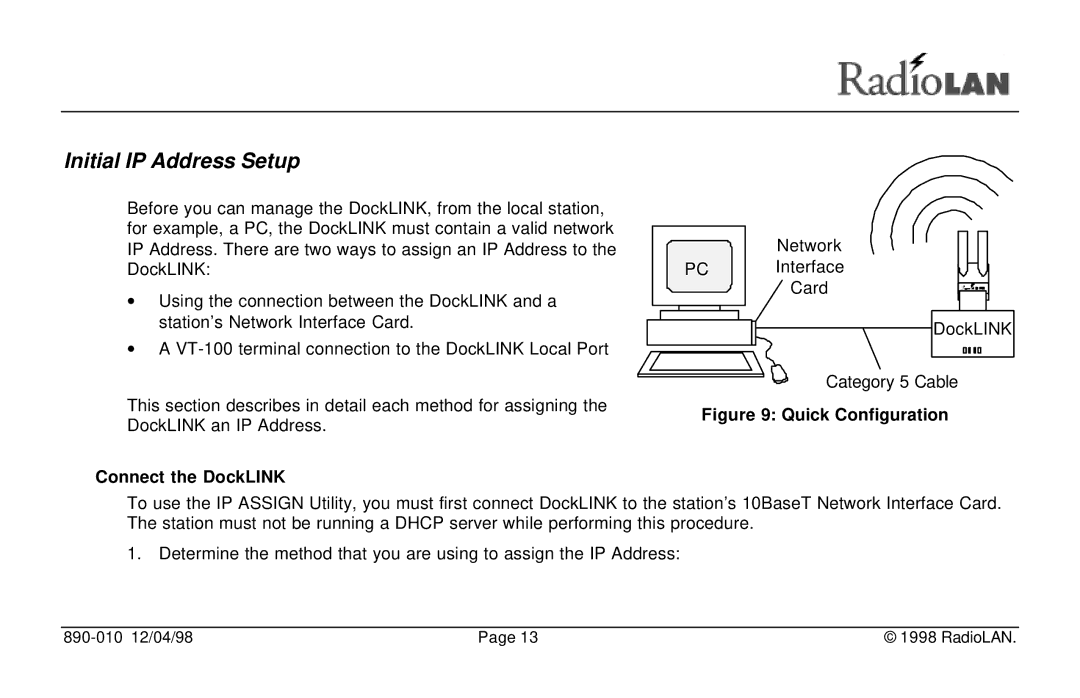 RadioLAN manual Initial IP Address Setup, Connect the DockLINK 