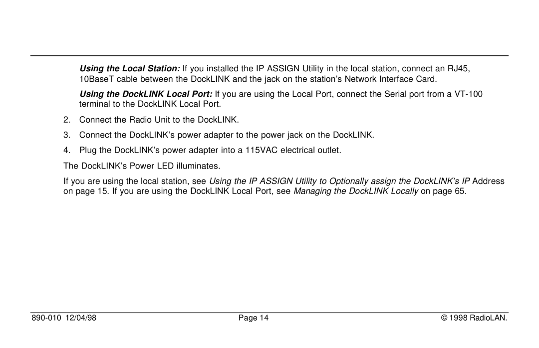 RadioLAN DockLINK manual 890-010 12/04/98 