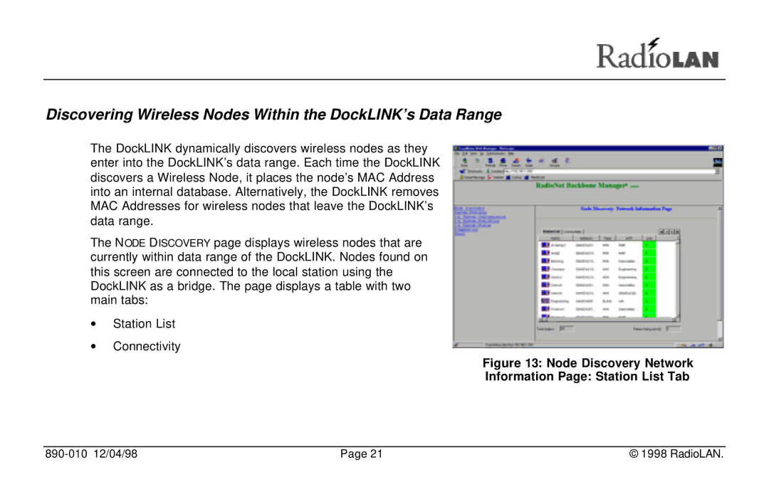 RadioLAN manual Discovering Wireless Nodes Within the DockLINK’s Data Range 