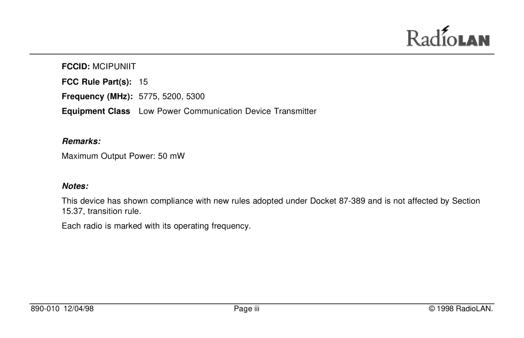 RadioLAN DockLINK manual Fccid Mcipuniit, Remarks 