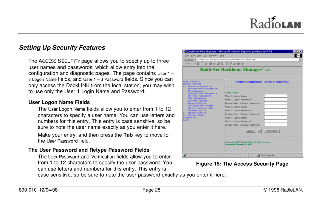 RadioLAN DockLINK manual Setting Up Security Features, User Logon Name Fields, User Password and Retype Password Fields 