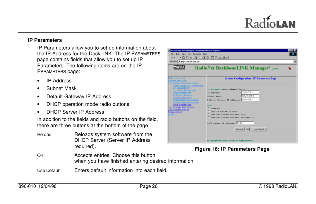 RadioLAN DockLINK manual IP Parameters, Reload 