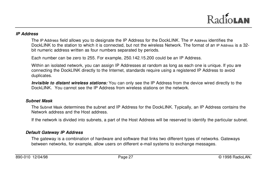 RadioLAN DockLINK manual Subnet Mask, Default Gateway IP Address 