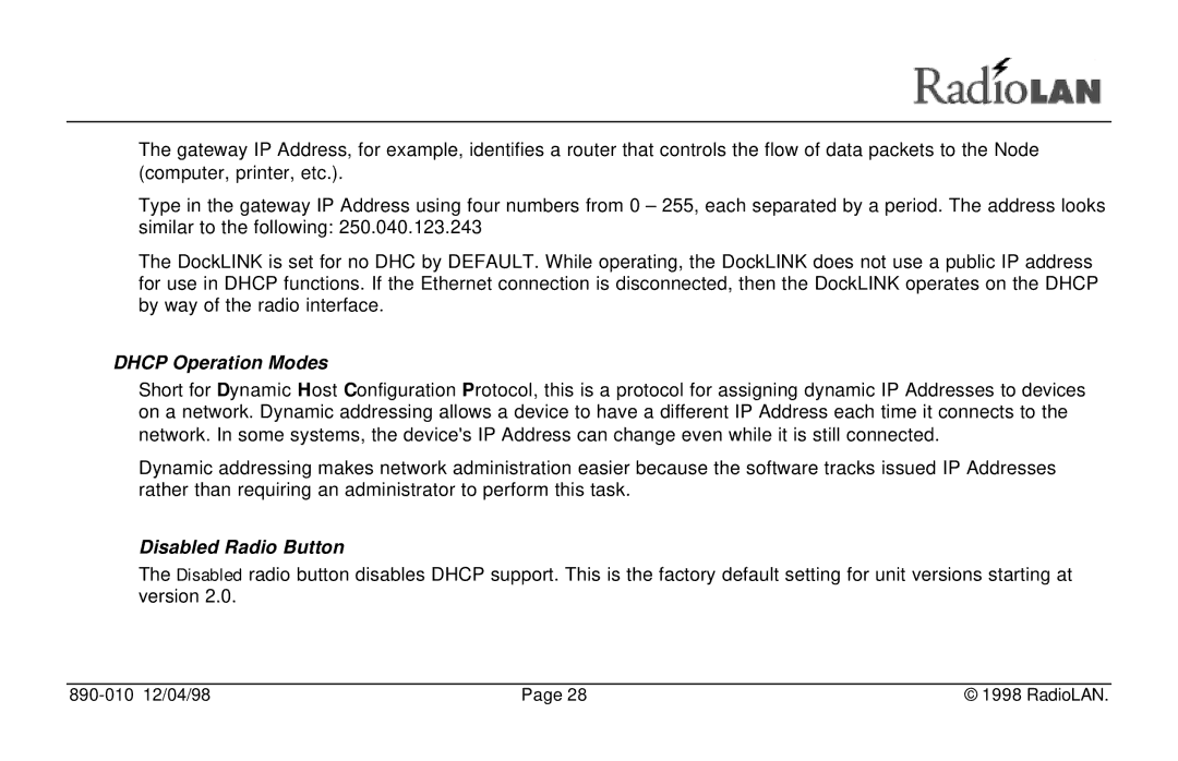 RadioLAN DockLINK manual Dhcp Operation Modes, Disabled Radio Button 