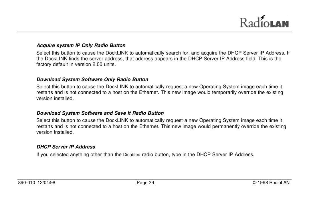 RadioLAN DockLINK Acquire system IP Only Radio Button, Download System Software Only Radio Button, Dhcp Server IP Address 