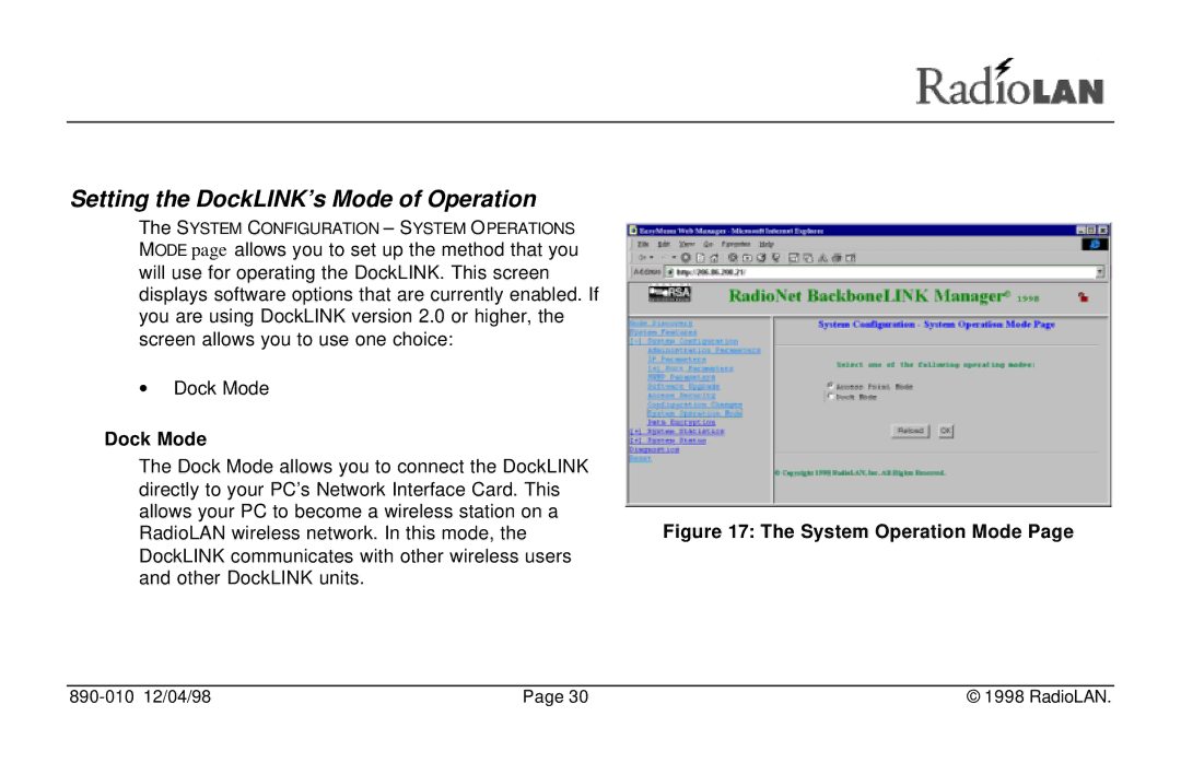 RadioLAN manual Setting the DockLINK’s Mode of Operation, Dock Mode 