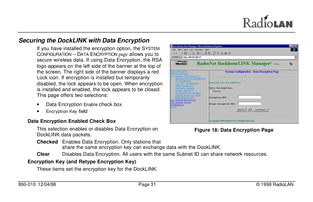 RadioLAN Securing the DockLINK with Data Encryption, DockLINK data packets, Encryption Key and Retype Encryption Key 