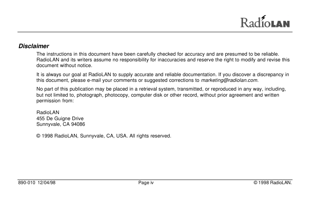 RadioLAN DockLINK manual Disclaimer 