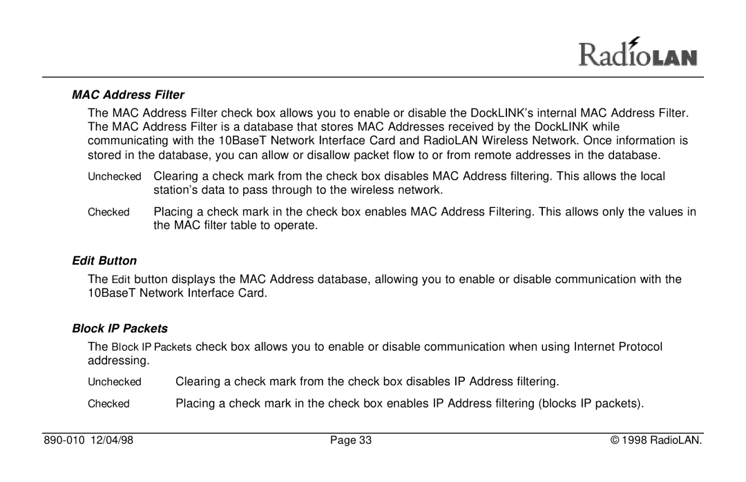 RadioLAN DockLINK manual MAC Address Filter, Edit Button, Block IP Packets 