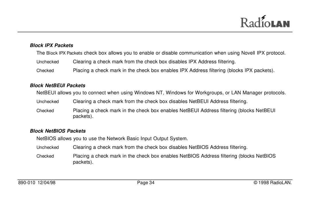 RadioLAN DockLINK manual Block IPX Packets, Block NetBEUI Packets, Block NetBIOS Packets 