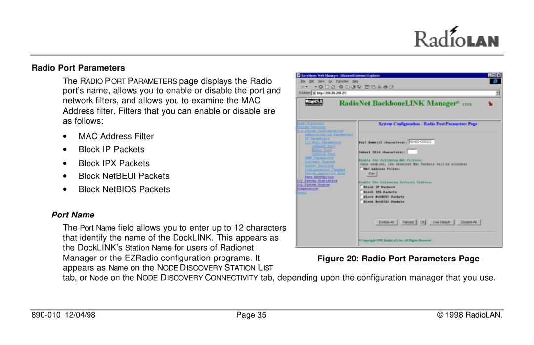 RadioLAN DockLINK manual Radio Port Parameters, Port Name 