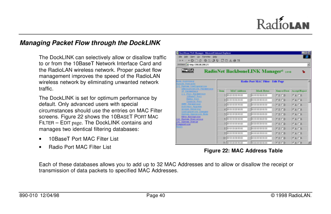 RadioLAN manual Managing Packet Flow through the DockLINK, MAC Address Table 