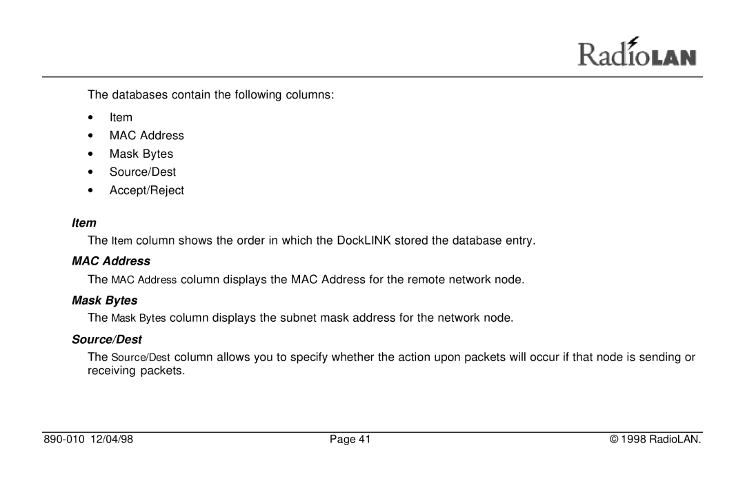 RadioLAN DockLINK manual MAC Address, Mask Bytes, Source/Dest 