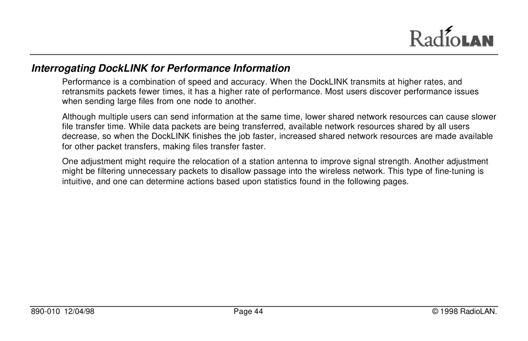 RadioLAN manual Interrogating DockLINK for Performance Information 