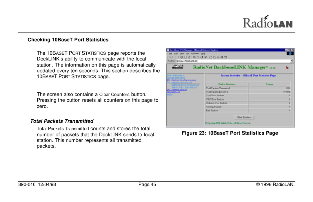 RadioLAN DockLINK manual Checking 10BaseT Port Statistics, Total Packets Transmitted 