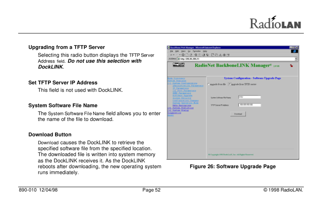 RadioLAN manual Upgrading from a Tftp Server, Address field. Do not use this selection with DockLINK, Download Button 