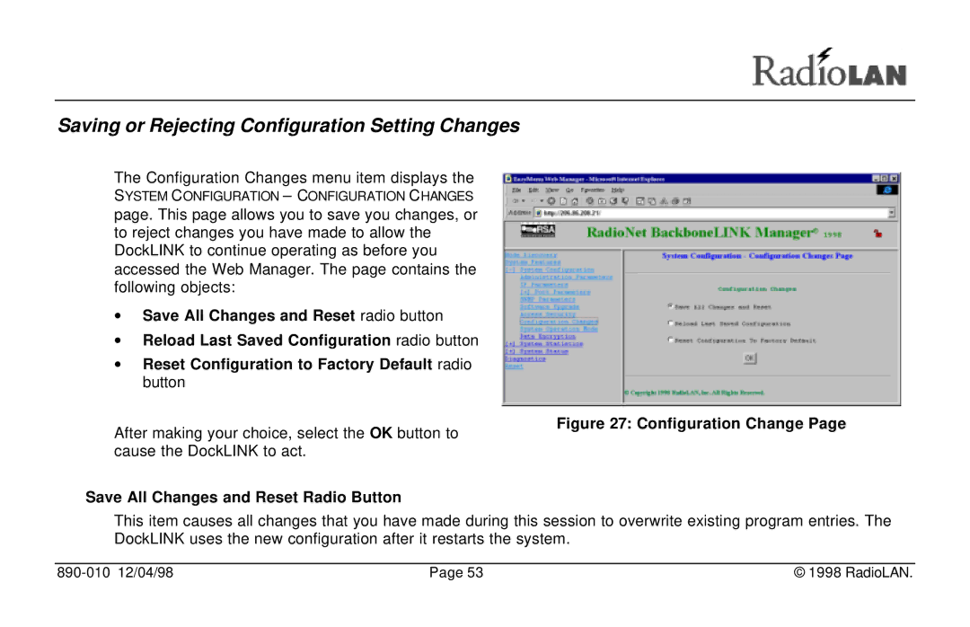 RadioLAN DockLINK manual Saving or Rejecting Configuration Setting Changes, Save All Changes and Reset Radio Button 