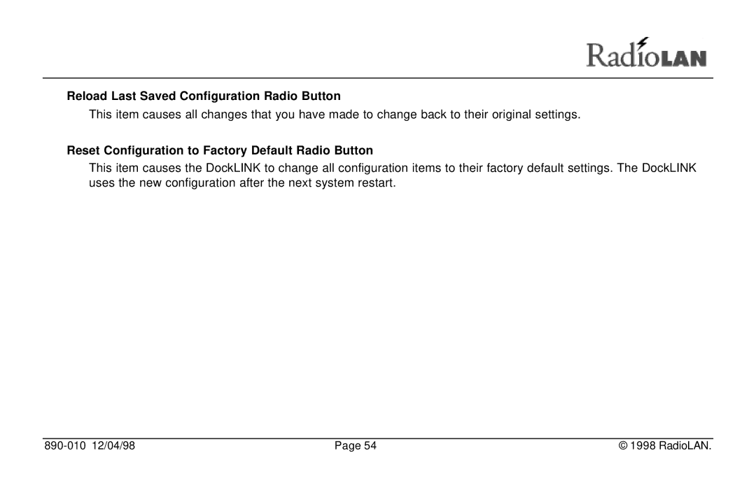 RadioLAN DockLINK manual Reload Last Saved Configuration Radio Button, Reset Configuration to Factory Default Radio Button 