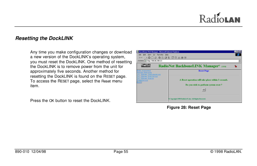 RadioLAN manual Resetting the DockLINK 