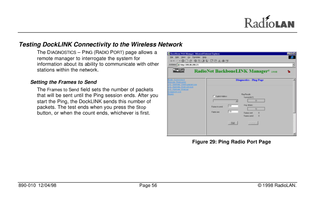 RadioLAN manual Testing DockLINK Connectivity to the Wireless Network, Setting the Frames to Send 