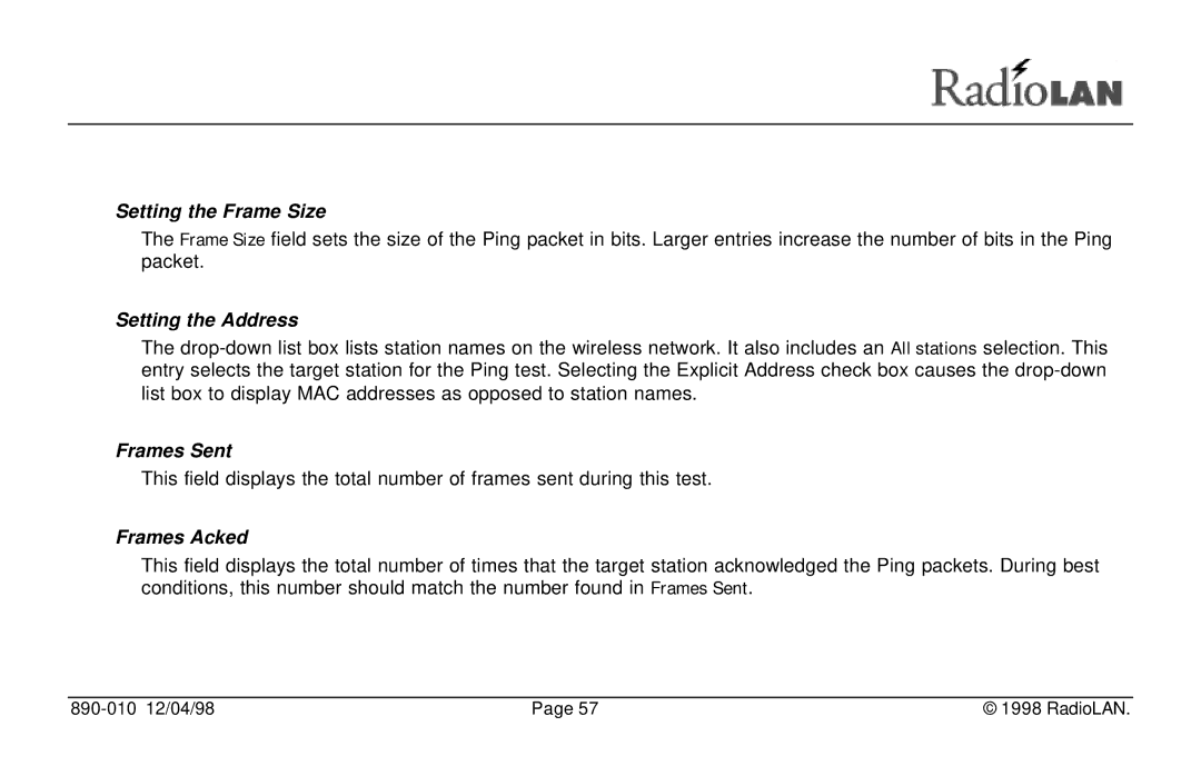 RadioLAN DockLINK manual Setting the Frame Size, Setting the Address, Frames Sent, Frames Acked 