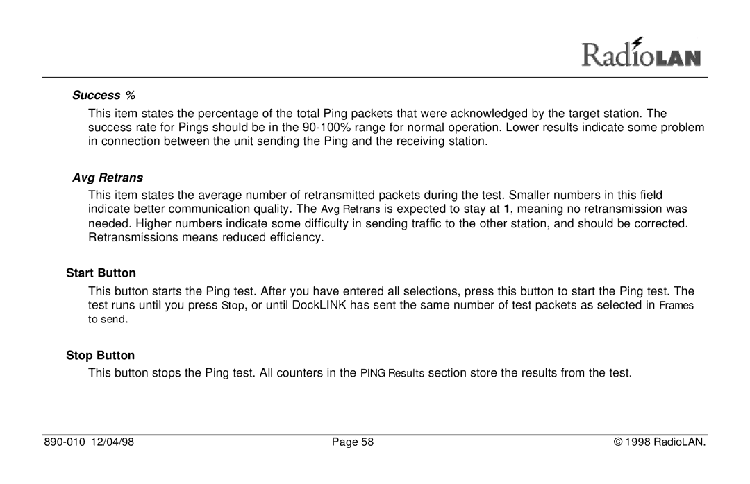 RadioLAN DockLINK manual Success %, Avg Retrans, Start Button, Stop Button 