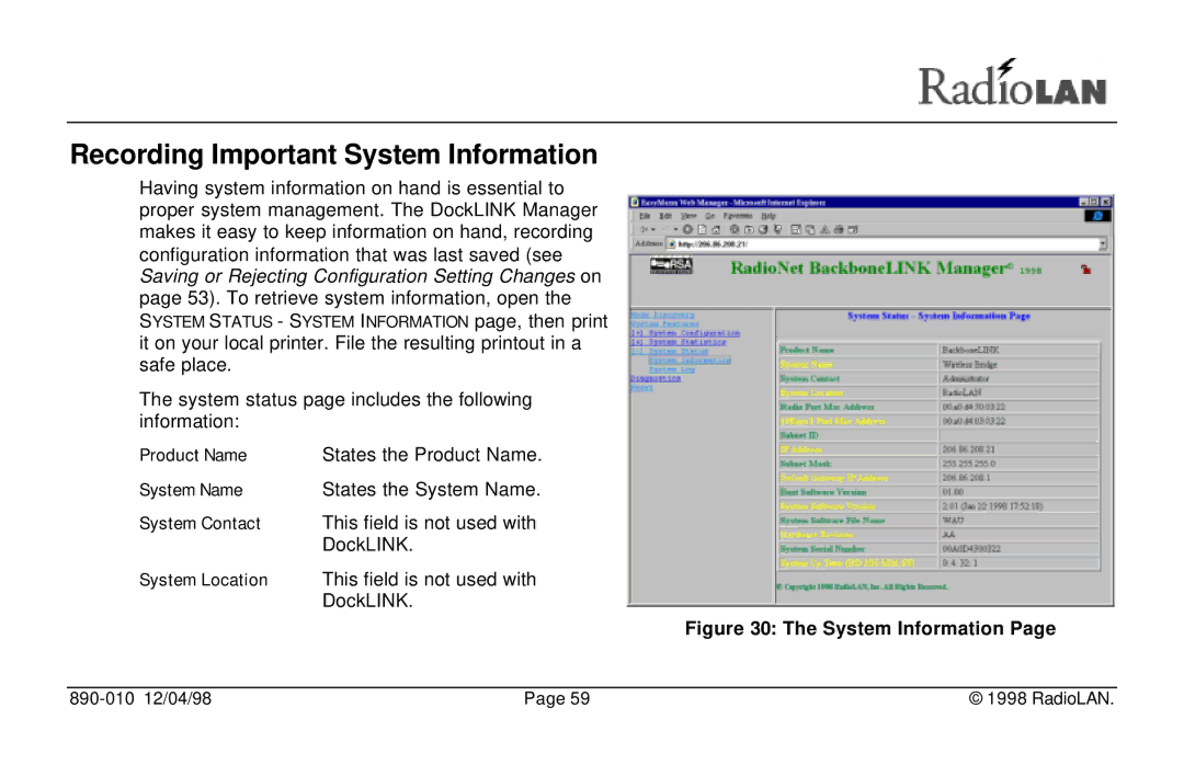 RadioLAN DockLINK manual Recording Important System Information 