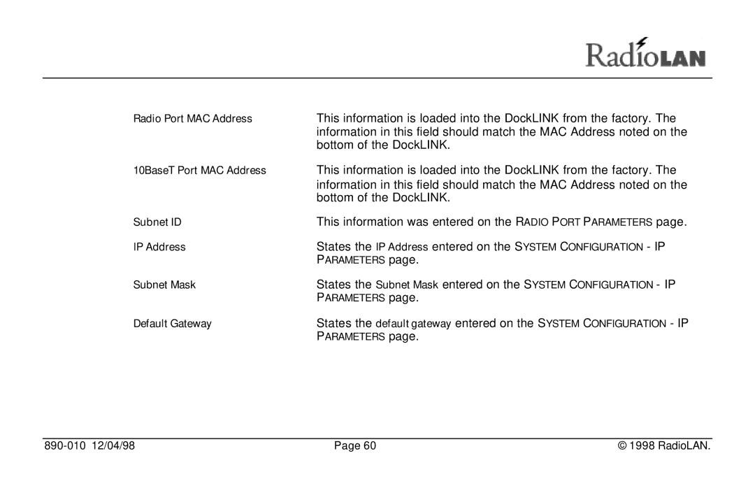 RadioLAN DockLINK manual Subnet ID 