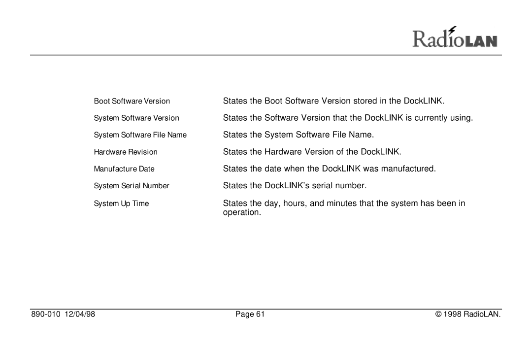 RadioLAN DockLINK manual Boot Software Version 