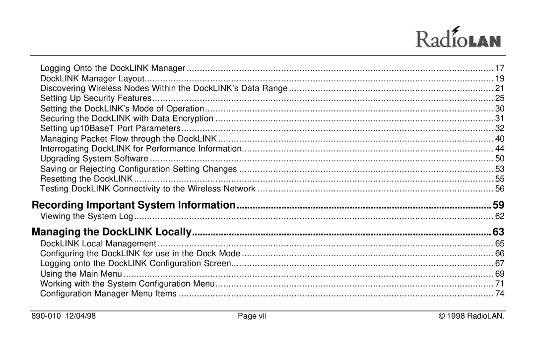 RadioLAN DockLINK manual Recording Important System Information 