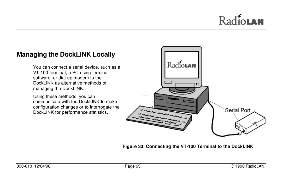 RadioLAN manual Managing the DockLINK Locally, Connecting the VT-100 Terminal to the DockLINK 