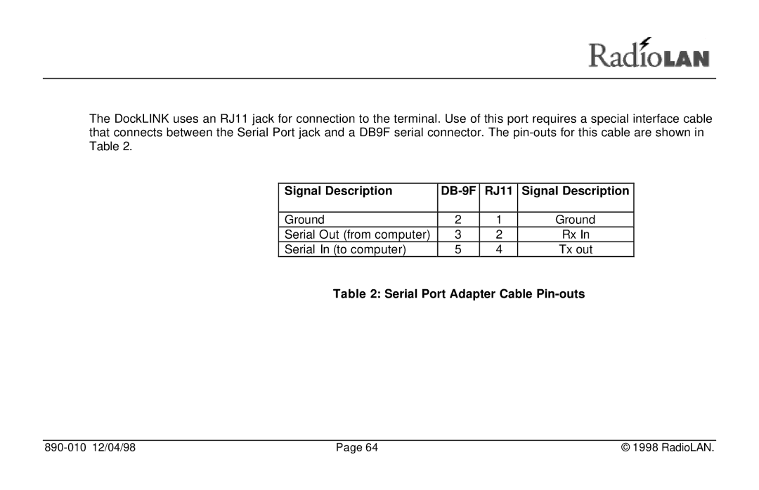 RadioLAN DockLINK manual Signal Description DB-9F RJ11, Serial Port Adapter Cable Pin-outs 