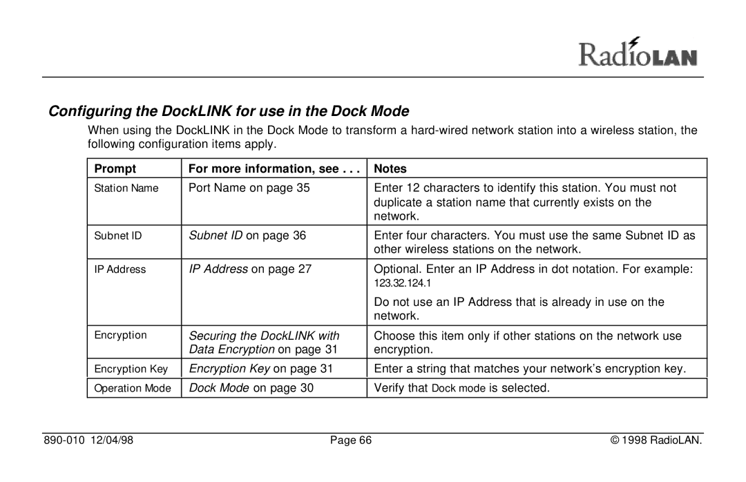 RadioLAN manual Configuring the DockLINK for use in the Dock Mode, Prompt For more information, see Station Name 