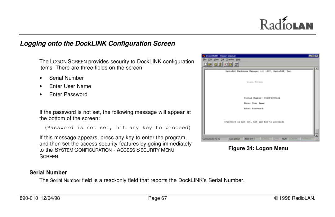 RadioLAN manual Logging onto the DockLINK Configuration Screen, Serial Number 