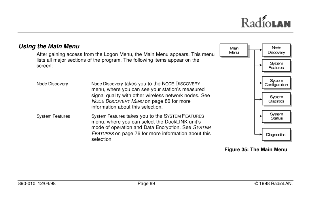 RadioLAN DockLINK manual Using the Main Menu, Node Discovery 