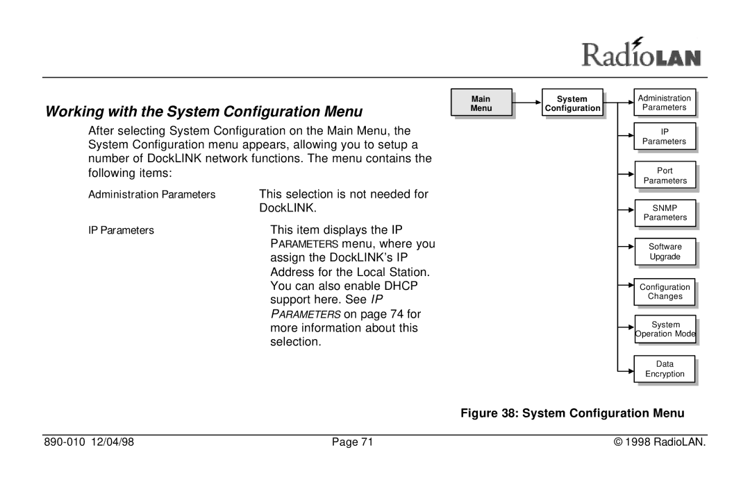 RadioLAN DockLINK manual Working with the System Configuration Menu 