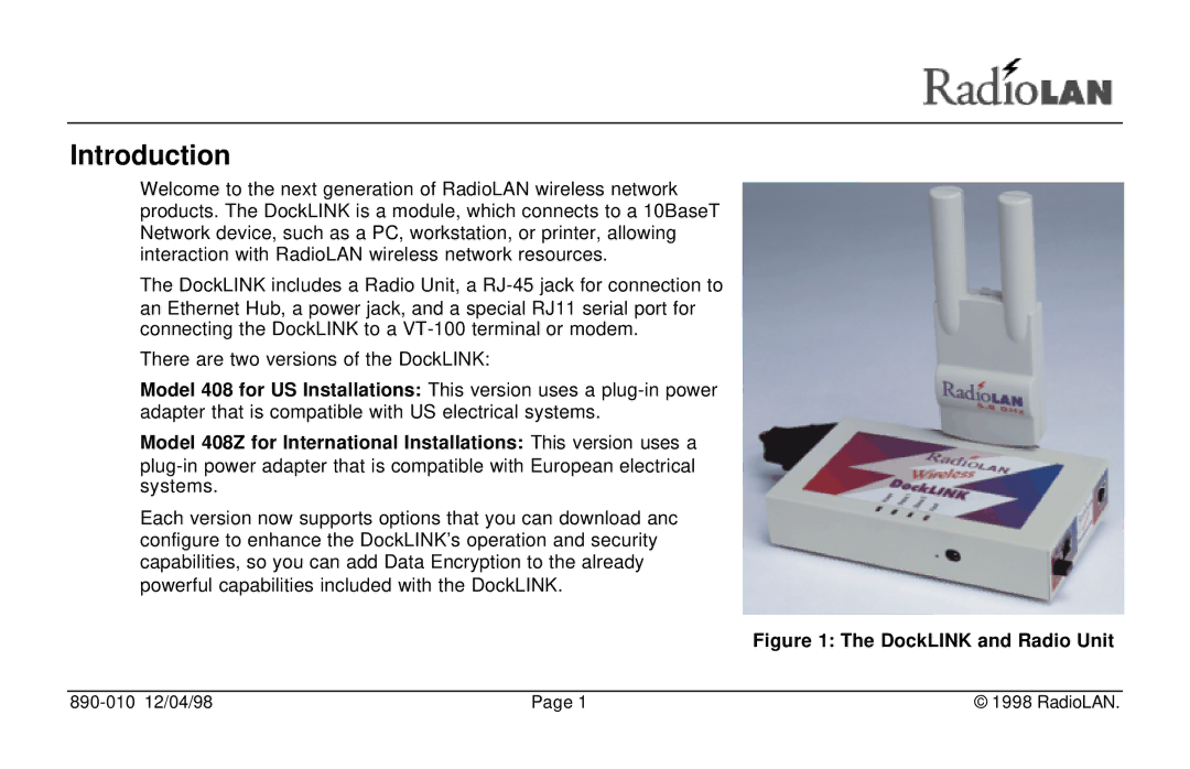 RadioLAN manual Introduction, DockLINK and Radio Unit 