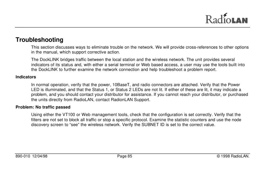 RadioLAN DockLINK manual Troubleshooting, Indicators, Problem No traffic passed 