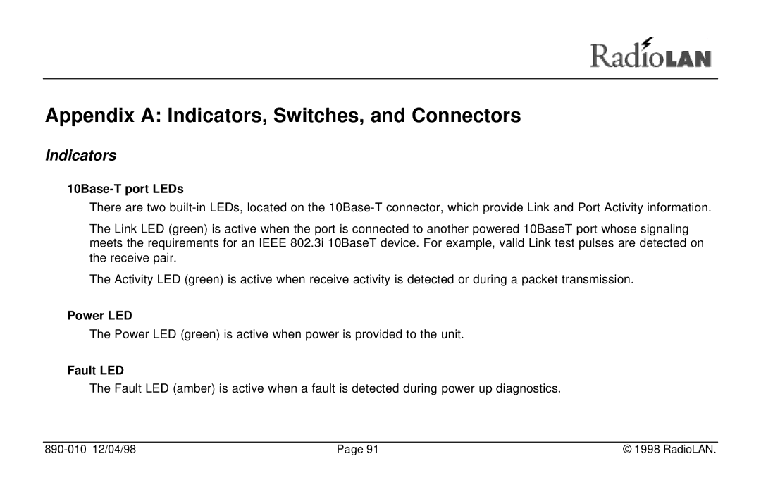 RadioLAN DockLINK manual Indicators, 10Base-T port LEDs, Power LED, Fault LED 