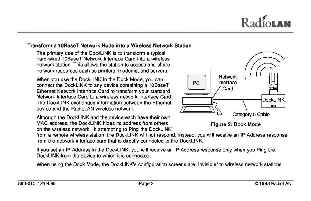 RadioLAN DockLINK manual Transform a 10BaseT Network Node into a Wireless Network Station 