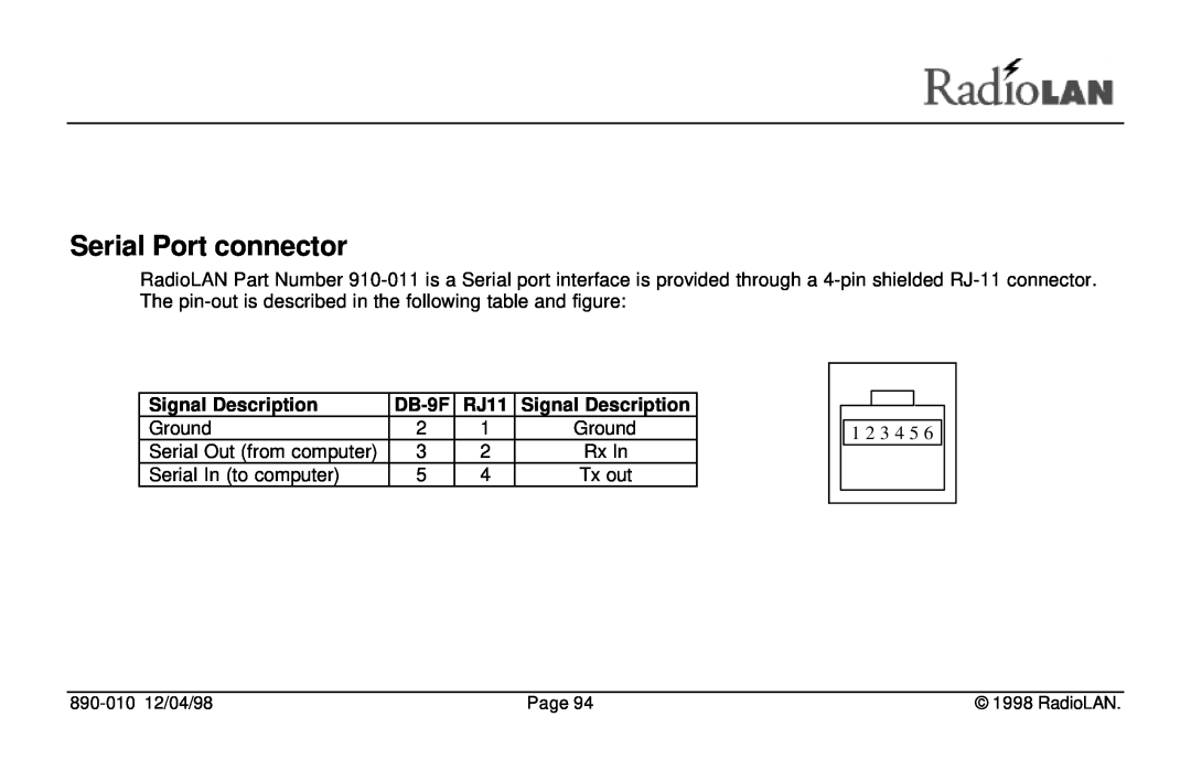 RadioLAN DockLINK manual Serial Port connector, Signal Description, DB-9F, RJ11, 1 2 3 4 5, 890-010 12/04/98, Page 