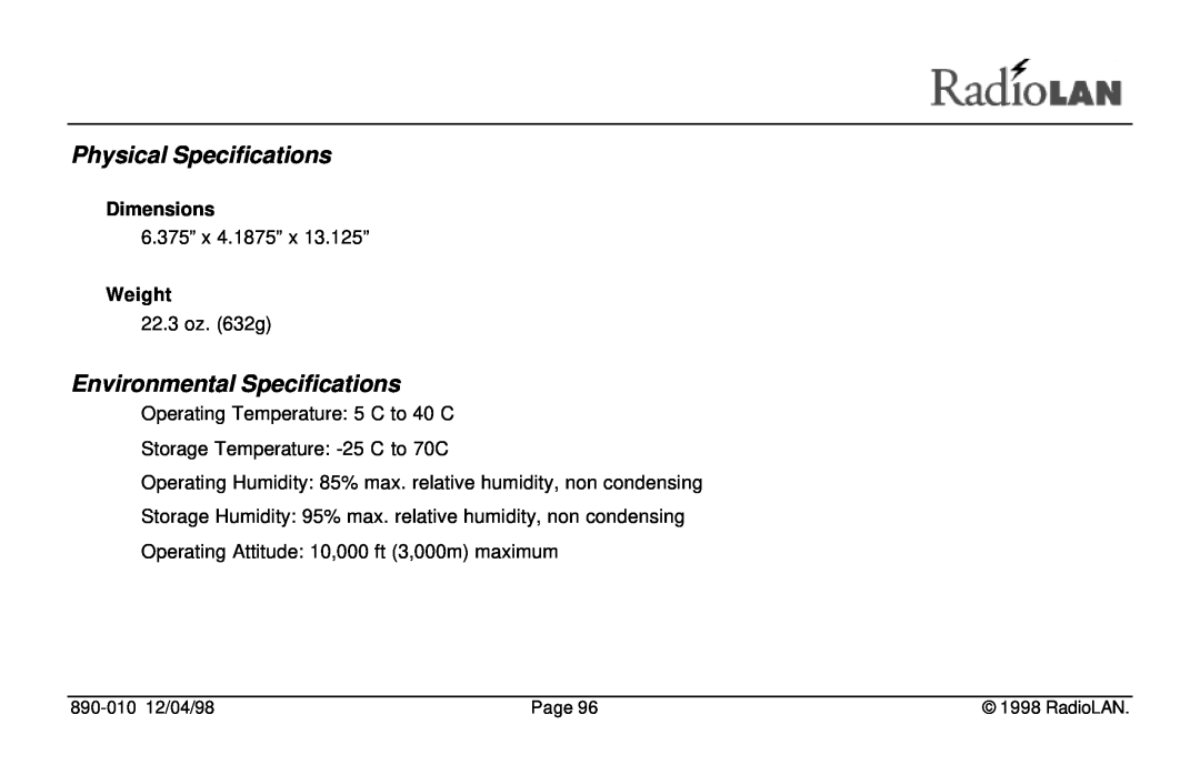 RadioLAN DockLINK manual Physical Specifications, Environmental Specifications, Dimensions, Weight, 890-010 12/04/98, Page 