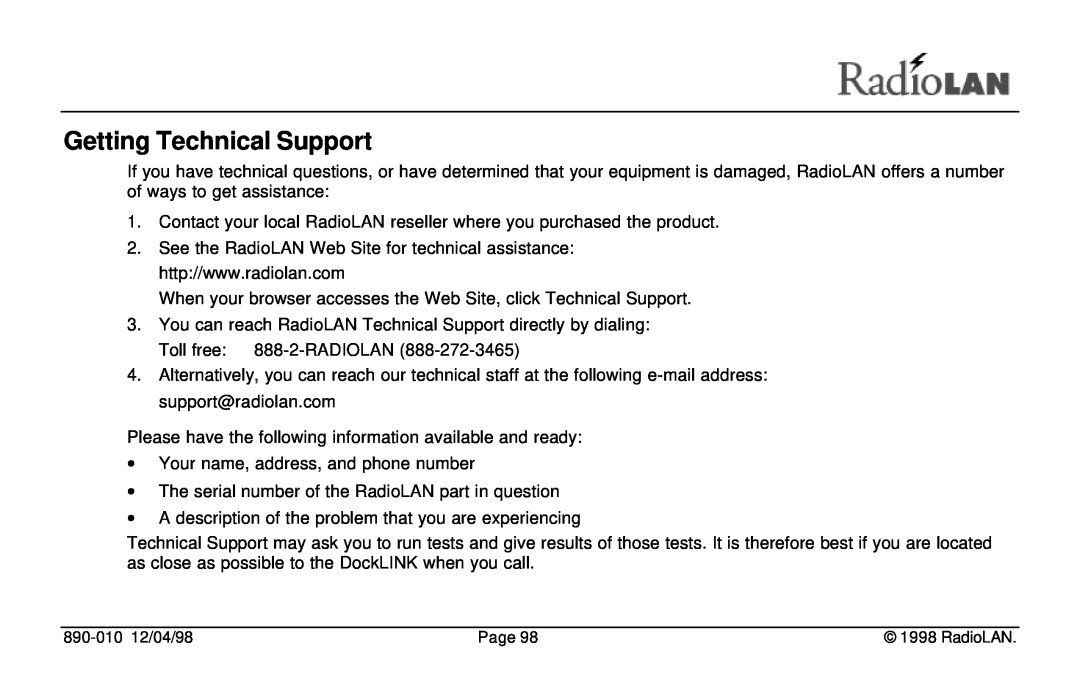 RadioLAN DockLINK manual Getting Technical Support 