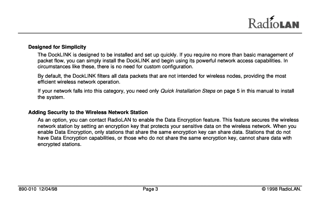 RadioLAN DockLINK manual Designed for Simplicity, Adding Security to the Wireless Network Station 