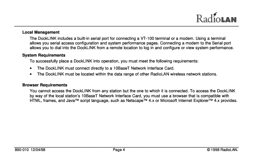 RadioLAN DockLINK manual Local Management, System Requirements, Browser Requirements 