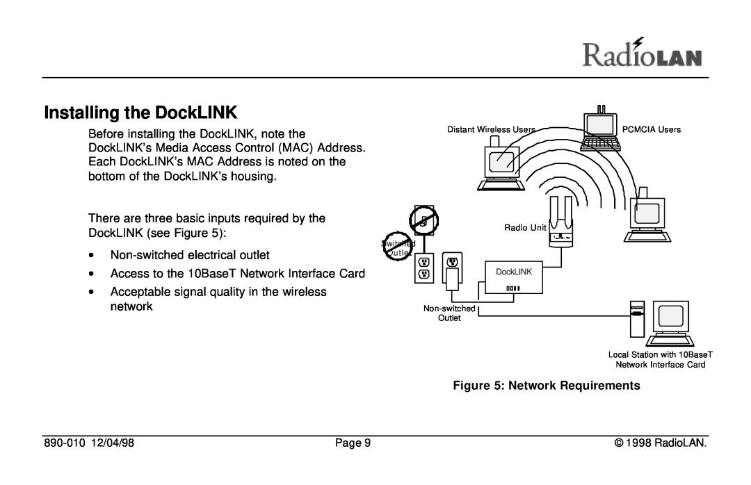 RadioLAN manual Installing the DockLINK, Network Requirements 